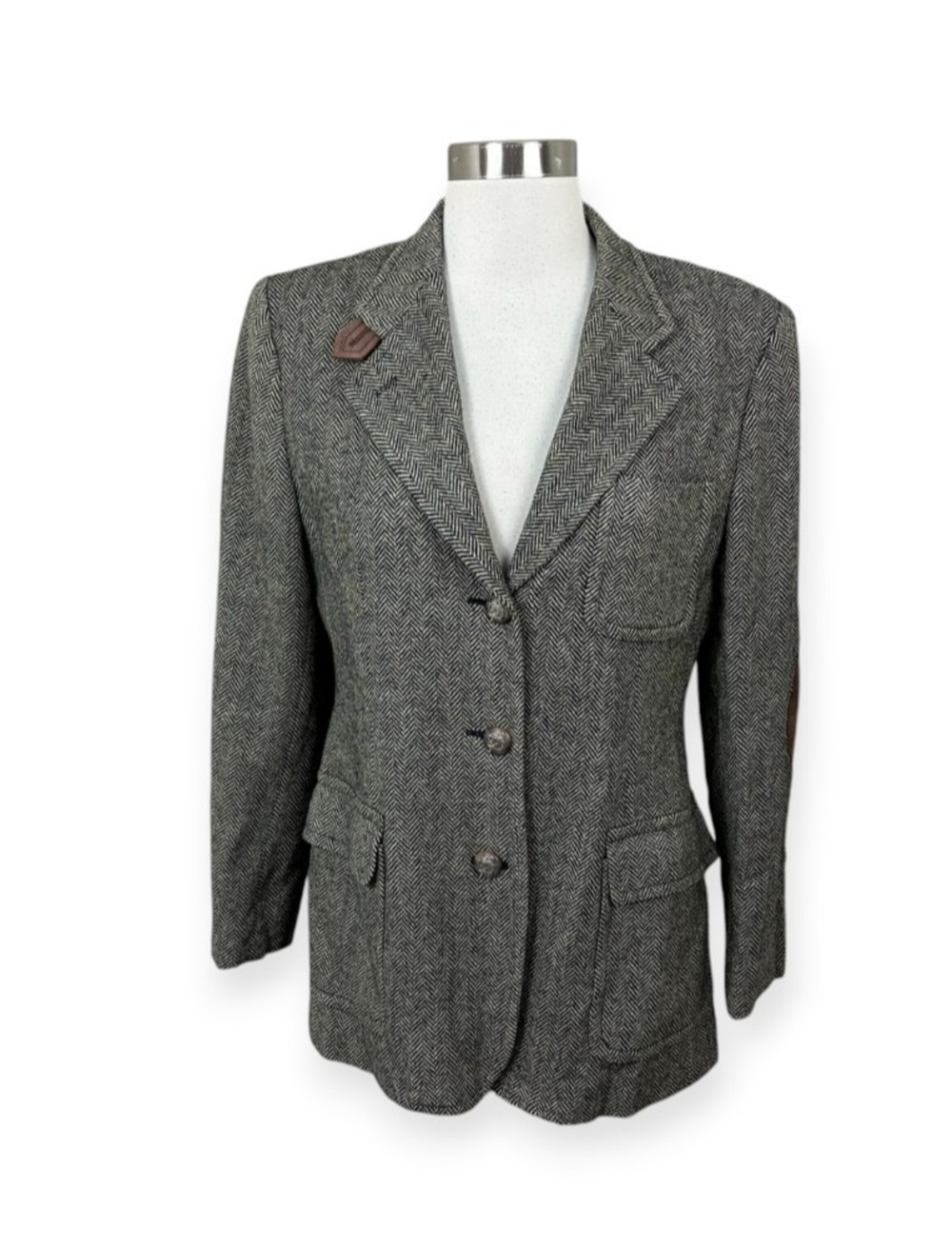 LAUREN RALPH LAUREN VNTG EQUESTRIAN HERRINGBONE BLAZER JACKET LEATHER TRIM 10P